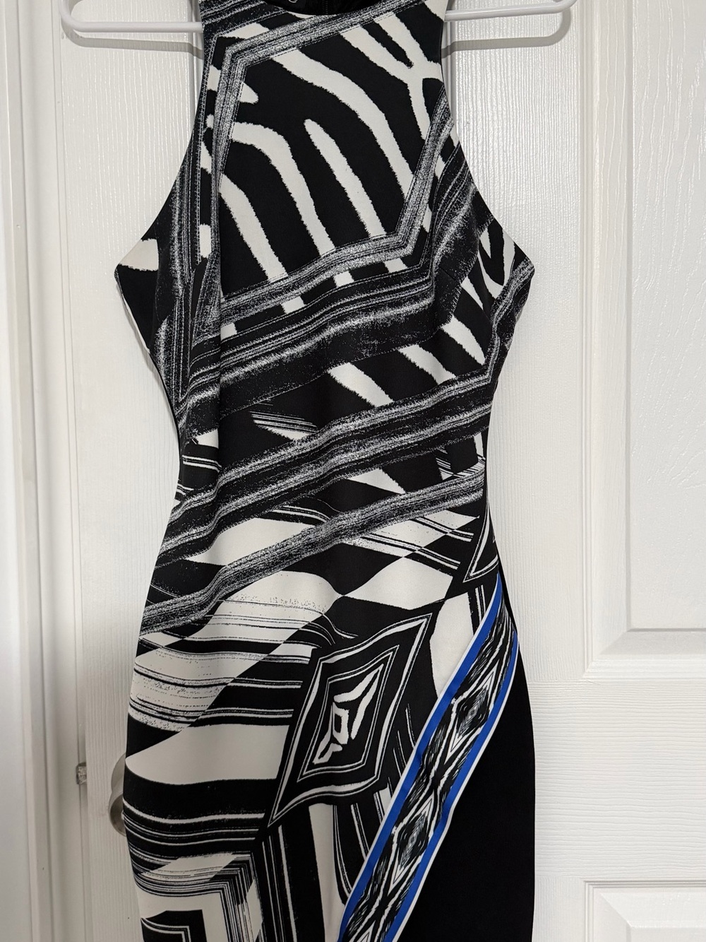bebe Black & White Geometric Halter Mini Dress with Blue Trim